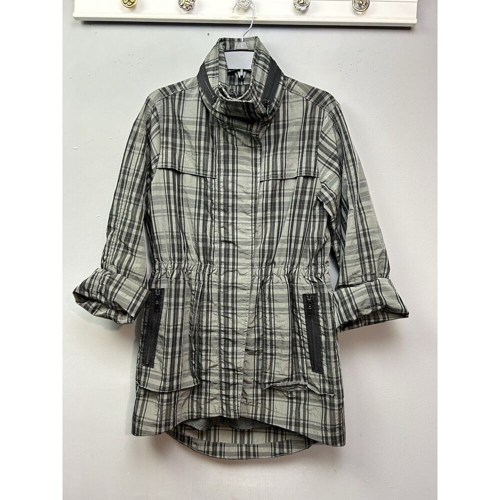 G.E.T. Plaid Utility Jacket Womens Small Green Packable Hood Roll Tab Sleeve‎